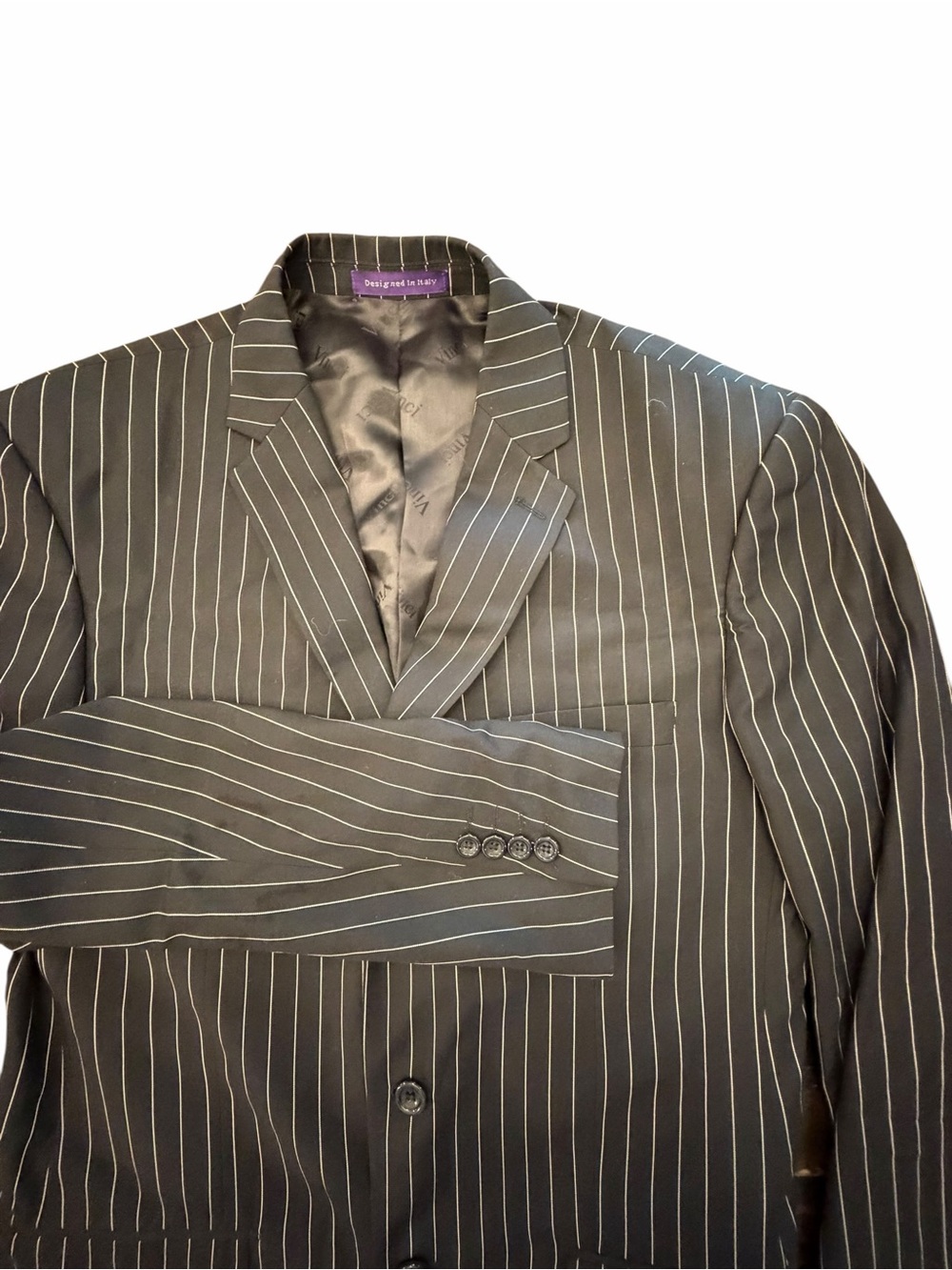 Vinci Blazer Mens 40L Black Pinstripe Suit Jacket Classic Italian Design Formal